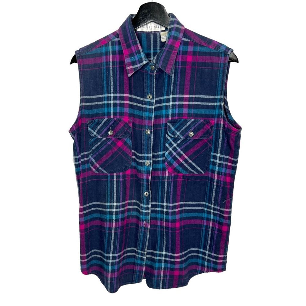 Vintage 90s Purple Blue Plaid Sleeveless Button Up Top Medium
